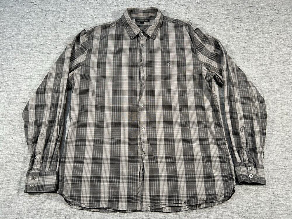 John Varvatos Star USA Shirt Mens Extra Large Grey Black Plaid Long Sleeve